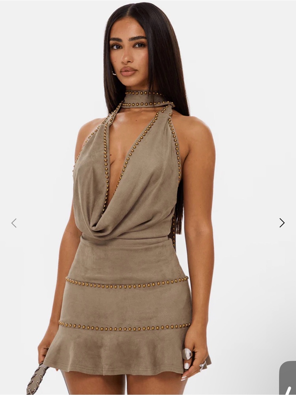 NWT Taupe Studded Halter Mini Dress